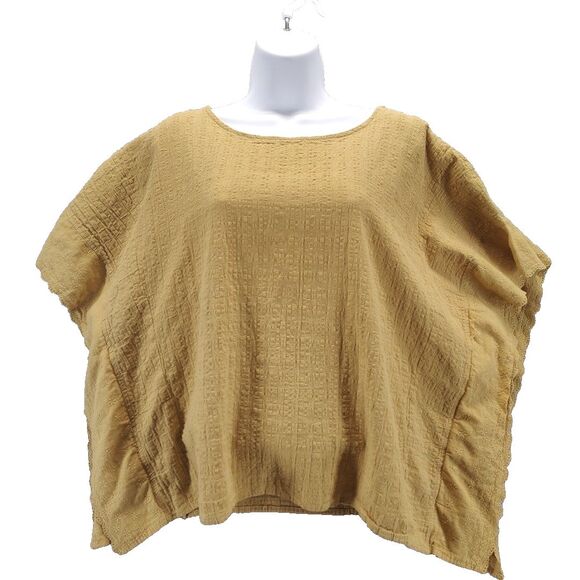 Easel Womens M Mustard Yellow Crinkle Cotton Batwing Eyelet Fabric Sleeve Blouse - Picture 1 of 12